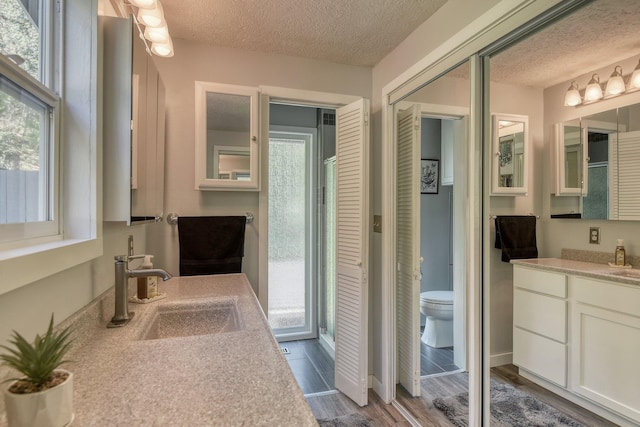 1407 S Shamrock St, Veradale, WA 99037 - bathroom with a textured ceiling, vanity, wood finished floors, and plenty of natural light