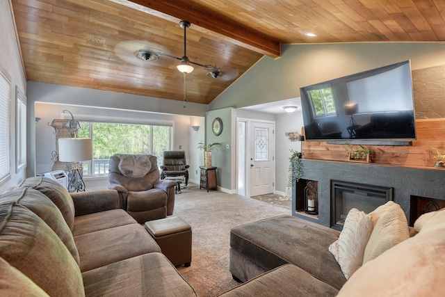 1407 S Shamrock St, Veradale, WA 99037 - carpeted living area with wood ceiling, a ceiling fan, and a glass covered fireplace