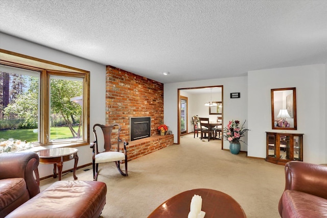 5311 W Shawnee Ave, Spokane, WA 99208 - living area featuring light colored carpet, a textured ceiling, a chandelier, and a brick fireplace
