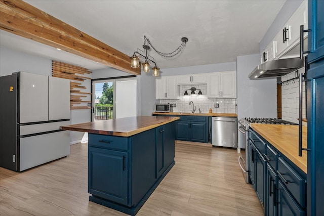 10413 E 6th Ave, Spokane Valley, WA 99206 - kitchen featuring wooden counters, appliances with stainless steel finishes, blue cabinets, white cabinets, and beamed ceiling