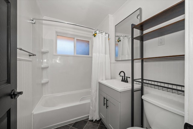10413 E 6th Ave, Spokane Valley, WA 99206 - bathroom featuring vanity, shower / bath combo with shower curtain, tile patterned floors, and ornamental molding