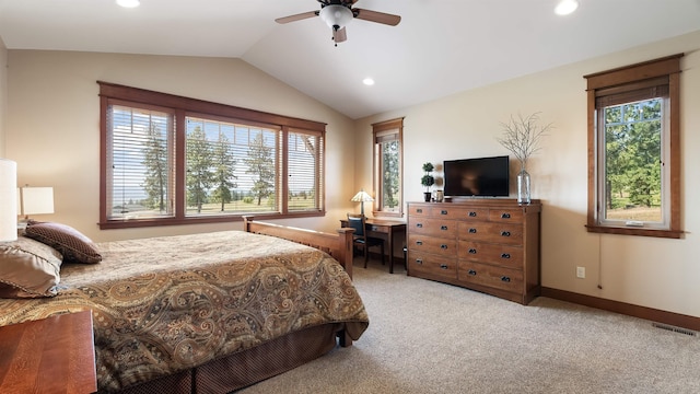 21617 E Harvard Vistas Ln, Newman Lake, WA 99025 - bedroom with recessed lighting, vaulted ceiling, carpet, and ceiling fan