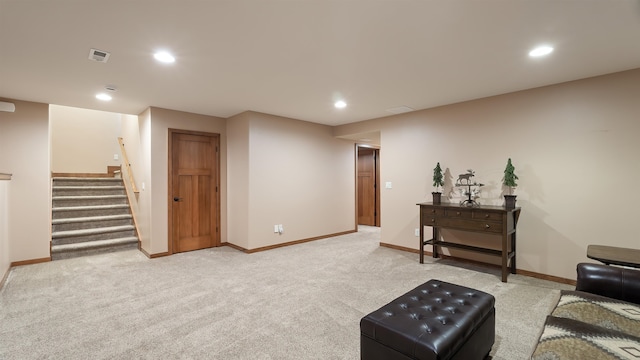 21617 E Harvard Vistas Ln, Newman Lake, WA 99025 - living area featuring stairs, light colored carpet, and recessed lighting