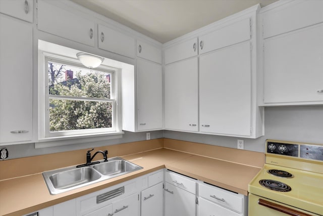 314 E Everett Ave, Spokane, WA 99207 - kitchen featuring white range with electric stovetop, white cabinetry, and light countertops