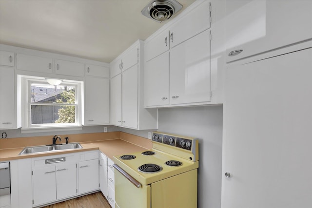 314 E Everett Ave, Spokane, WA 99207 - kitchen featuring white range with electric stovetop, light countertops, white cabinetry, and dishwasher