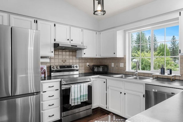 8805 N Greenwood St, Spokane, WA 99208 - kitchen featuring stainless steel appliances, under cabinet range hood, white cabinetry, and vaulted ceiling