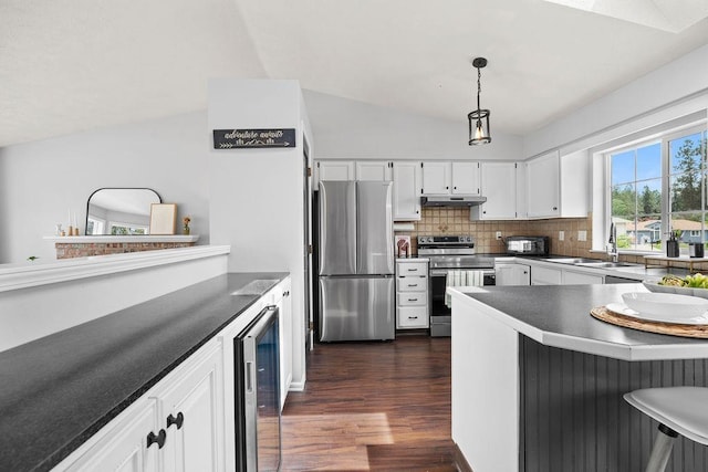 8805 N Greenwood St, Spokane, WA 99208 - kitchen featuring stainless steel appliances, beverage cooler, dark countertops, under cabinet range hood, and vaulted ceiling