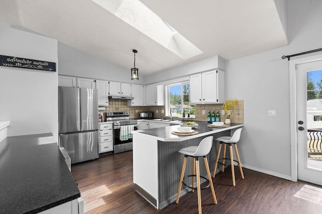 8805 N Greenwood St, Spokane, WA 99208 - kitchen featuring stainless steel appliances, a peninsula, dark wood-type flooring, a skylight, and under cabinet range hood