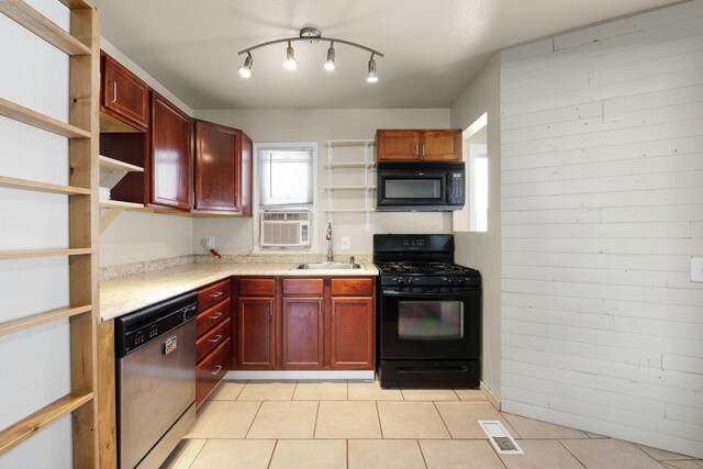 10021 N Whittier St, Spokane, WA 99218 - kitchen with black appliances, open shelves, light tile patterned floors, and light countertops