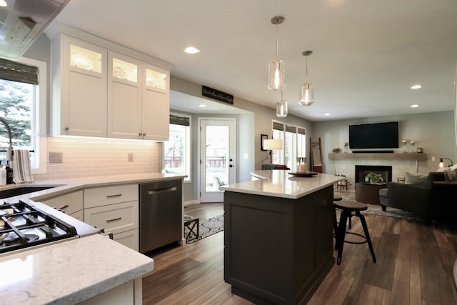 5522 E Cargill Ln, Colbert, WA 99005 - kitchen featuring stainless steel dishwasher, light countertops, a premium fireplace, dark wood-type flooring, and recessed lighting