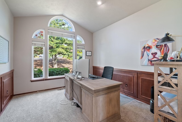 5506 S Southview Ln, Spokane, WA 99223 - office with vaulted ceiling, light carpet, and wainscoting