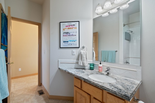 5506 S Southview Ln, Spokane, WA 99223 - bathroom featuring vanity, tile patterned flooring, and a shower
