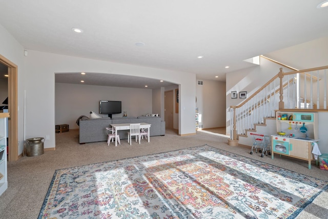 5506 S Southview Ln, Spokane, WA 99223 - carpeted living room featuring recessed lighting and stairway