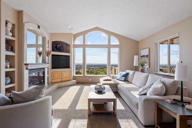 5506 S Southview Ln, Spokane, WA 99223 - carpeted living area featuring plenty of natural light, vaulted ceiling, built in shelves, and a glass covered fireplace