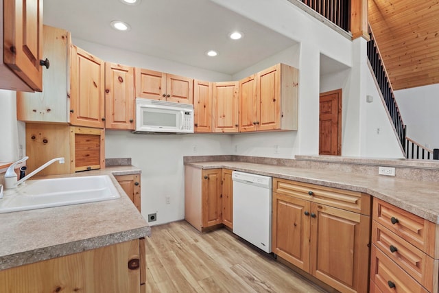 5011B Mason Rd, Clayton, WA 99110 - kitchen with white appliances, light wood-style floors, recessed lighting, light countertops, and light brown cabinetry