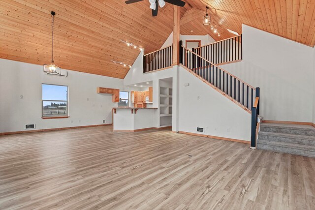 5011B Mason Rd, Clayton, WA 99110 - unfurnished living room featuring wooden ceiling, ceiling fan, high vaulted ceiling, stairs, and light wood-style flooring