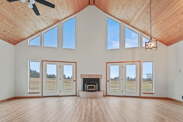 5011B Mason Rd, Clayton, WA 99110 - unfurnished living room with high vaulted ceiling, wooden ceiling, a chandelier, wood finished floors, and a ceiling fan
