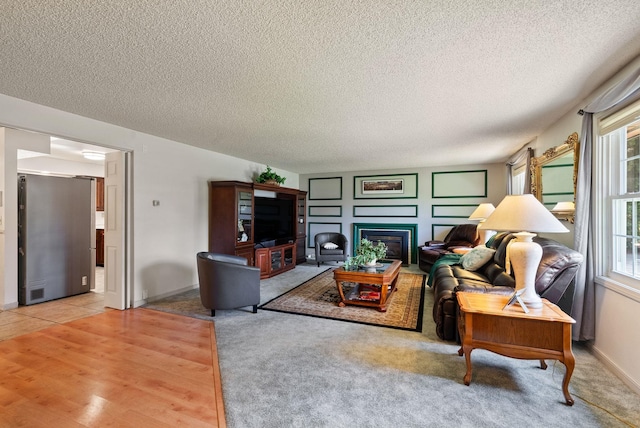 11628 N Galahad Dr, Spokane, WA 99218 - living room featuring healthy amount of natural light, a textured ceiling, and a glass covered fireplace