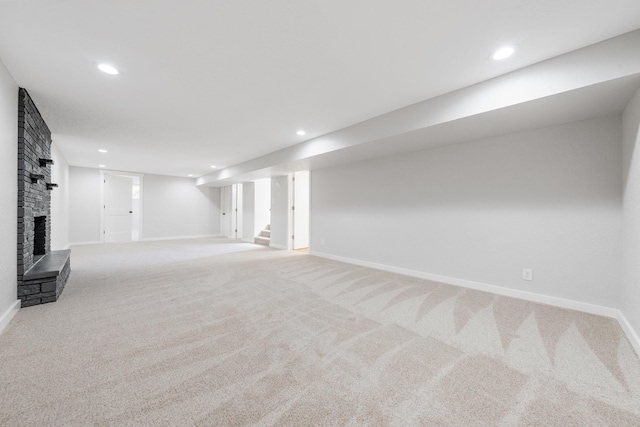 2917 W Dalton Ave, Spokane, WA 99205 - finished below grade area featuring carpet, recessed lighting, a brick fireplace, and stairway