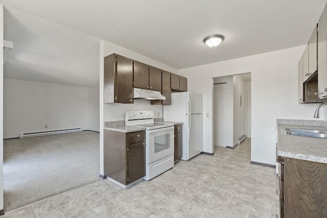 107 E Hattie Ave, Coeur D Alene, ID 83814 - kitchen featuring white appliances, under cabinet range hood, dark brown cabinetry, a baseboard radiator, and light countertops