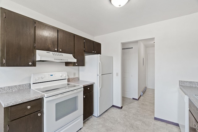 107 E Hattie Ave, Coeur D Alene, ID 83814 - kitchen featuring white appliances, under cabinet range hood, dark brown cabinetry, light countertops, and a baseboard radiator