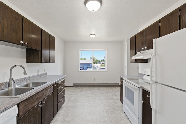 107 E Hattie Ave, Coeur D Alene, ID 83814 - kitchen with white appliances, under cabinet range hood, baseboard heating, dark brown cabinets, and a textured ceiling