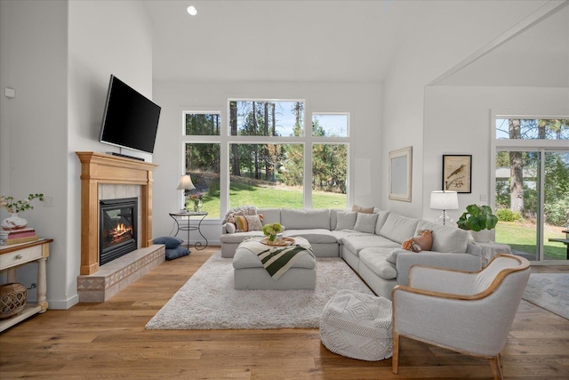404 W Trail Ridge Ct, Spokane, WA 99224 - living area featuring high vaulted ceiling, a fireplace, plenty of natural light, recessed lighting, and wood finished floors