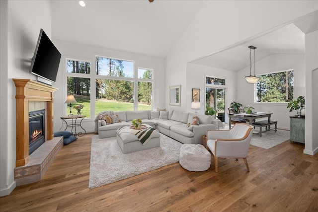 404 W Trail Ridge Ct, Spokane, WA 99224 - living room featuring high vaulted ceiling, wood finished floors, and a tiled fireplace