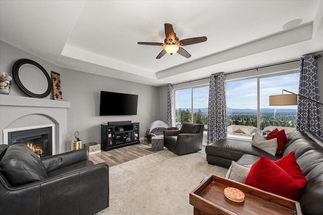 7620 E Ruby Ln, Spokane, WA 99212 - living area featuring a tray ceiling, a ceiling fan, a glass covered fireplace, and wood finished floors