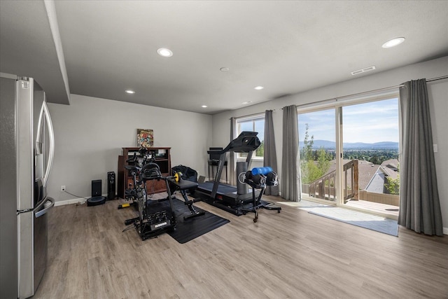 7620 E Ruby Ln, Spokane, WA 99212 - workout room with light wood-style flooring, recessed lighting, and a mountain view