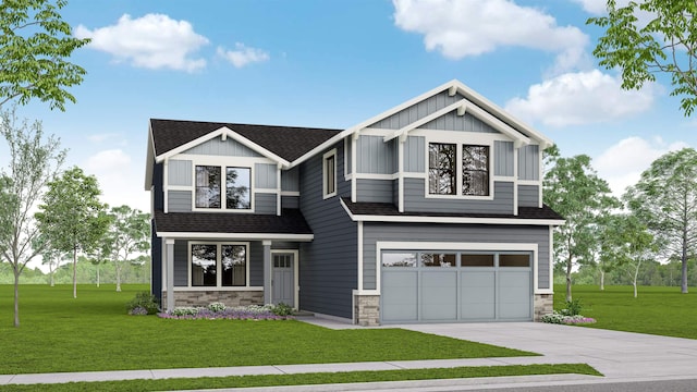 18115 E Barclay Ct Unit 2/3Stoneridge, Encore, Spokane Valley, WA 99016 - view of front facade with stone siding, a shingled roof, concrete driveway, an attached garage, and a front yard