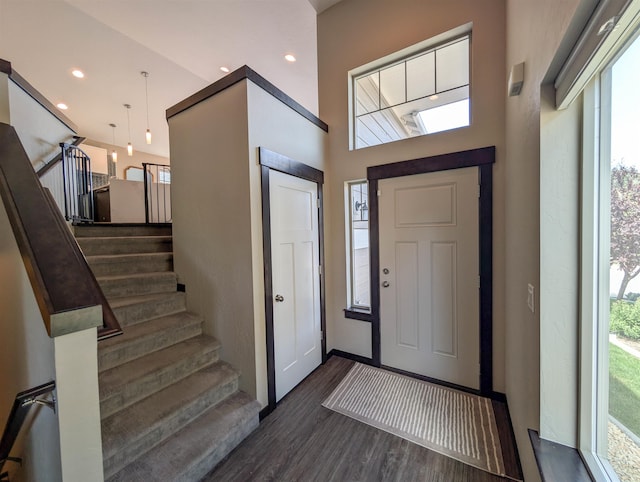 11614 E Rivercrest Dr, Spokane Valley, WA 99206 - entryway featuring dark wood-style flooring, stairs, and recessed lighting