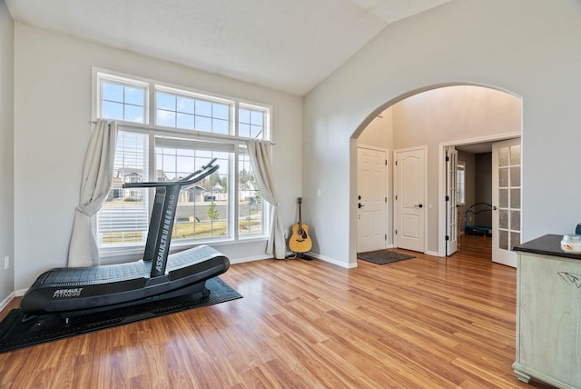 14706 N Mckinnon Ct, Mead, WA 99021 - workout area featuring arched walkways, light wood-style flooring, healthy amount of natural light, and lofted ceiling