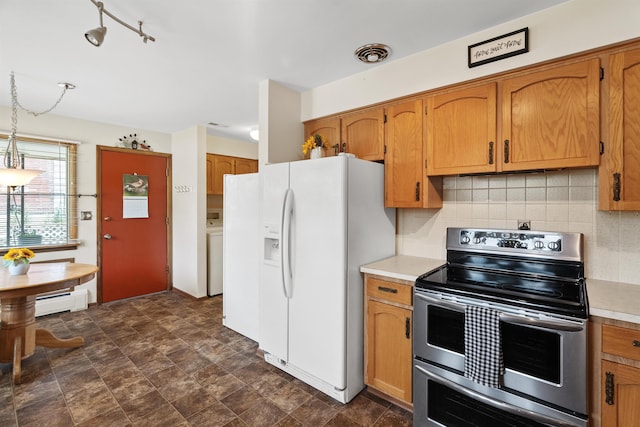 3205 W Hoffman Ave, Spokane, WA 99205 - kitchen with electric stove, white fridge with ice dispenser, light countertops, decorative backsplash, and brown cabinets