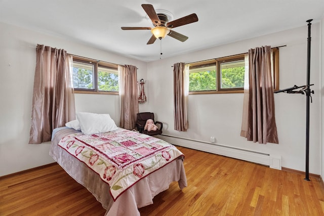 3205 W Hoffman Ave, Spokane, WA 99205 - bedroom with a baseboard heating unit, light wood-type flooring, and ceiling fan