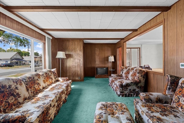 2920 N Regal St, Spokane, WA 99207 - carpeted living area featuring wood walls and beam ceiling