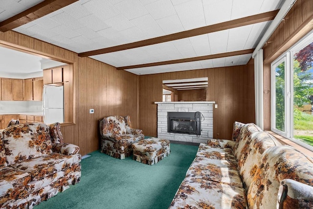2920 N Regal St, Spokane, WA 99207 - carpeted living room featuring beamed ceiling, wooden walls, plenty of natural light, and a glass covered fireplace