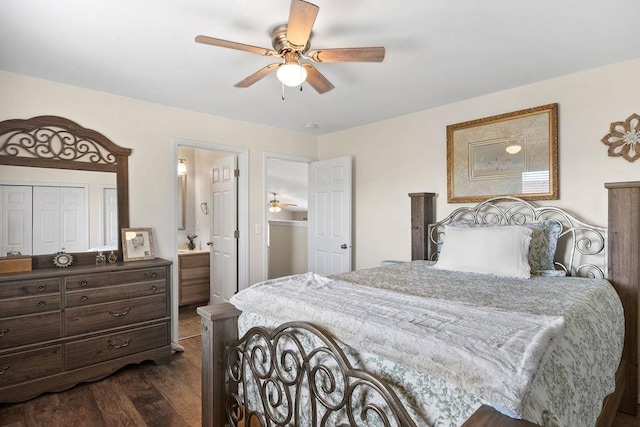 8910 N Oak St, Spokane, WA 99208 - bedroom featuring dark wood-style floors, ceiling fan, and ensuite bathroom