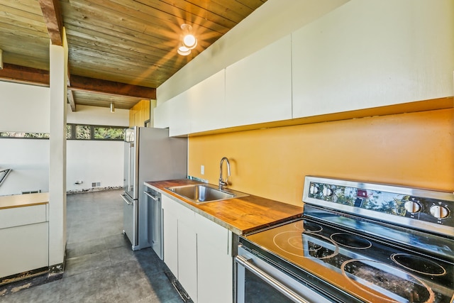 3717 E 17th Ave, Spokane, WA 99223 - kitchen featuring range with electric stovetop, a wooden ceiling with exposed beams, white cabinetry, stainless steel dishwasher, and wood counters