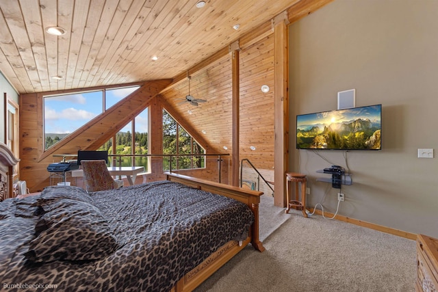 32261 N Leclerc Rd, Ione, WA 99139 - bedroom featuring wooden ceiling, recessed lighting, wood walls, carpet floors, and multiple windows