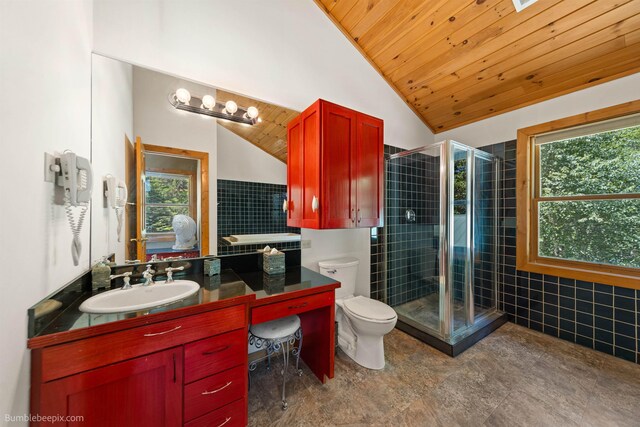 32261 N Leclerc Rd, Ione, WA 99139 - bathroom featuring vaulted ceiling, wooden ceiling, healthy amount of natural light, a shower stall, and vanity