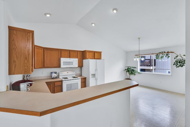 5019 W W Prosperity Ln, Spokane, WA 99208 - kitchen with white appliances, vaulted ceiling, a peninsula, light countertops, and brown cabinetry