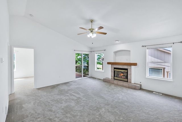 5019 W W Prosperity Ln, Spokane, WA 99208 - unfurnished living room featuring lofted ceiling, ceiling fan, carpet, and a fireplace
