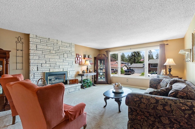 11905 N Atlantic St, Spokane, WA 99218 - living room featuring carpet floors, a stone fireplace, and a textured ceiling