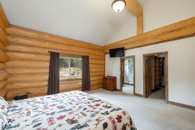 15611 W Pine Bluff Rd, Nine Mile Falls, WA 99026 - carpeted bedroom with high vaulted ceiling and rustic walls