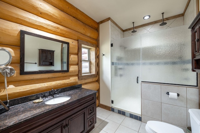 15611 W Pine Bluff Rd, Nine Mile Falls, WA 99026 - bathroom featuring a stall shower, vanity, log walls, and tile patterned floors