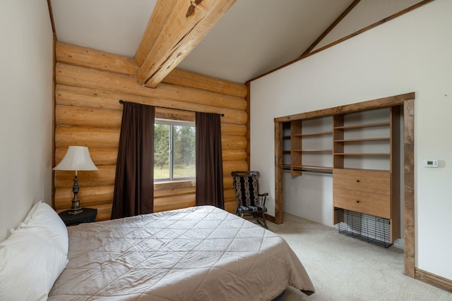 15611 W Pine Bluff Rd, Nine Mile Falls, WA 99026 - bedroom featuring log walls, carpet floors, and beamed ceiling