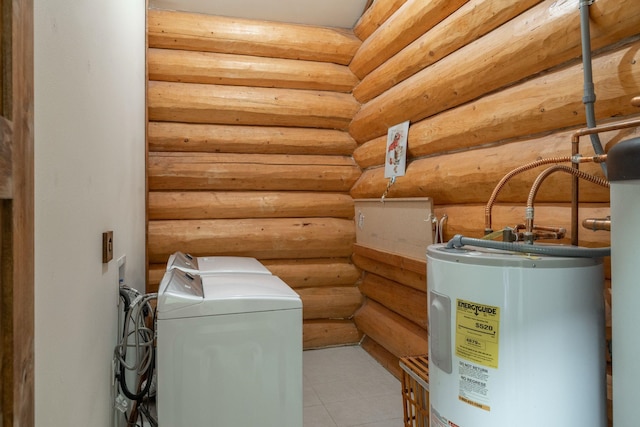 15611 W Pine Bluff Rd, Nine Mile Falls, WA 99026 - laundry area with water heater, rustic walls, washer and clothes dryer, and tile patterned flooring
