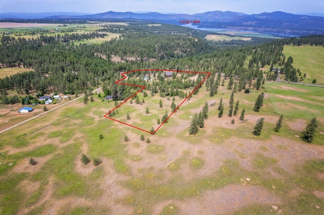 15611 W Pine Bluff Rd, Nine Mile Falls, WA 99026 - aerial view of property and surrounding area featuring mountains and property boundaries highlighted