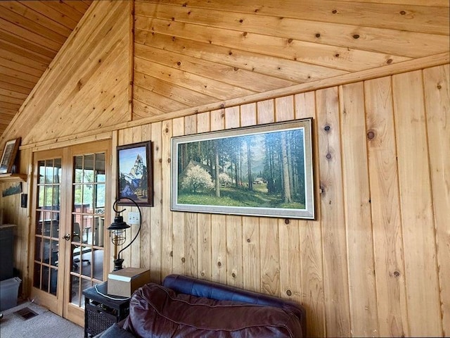 508 N Cedar St, Colville, WA 99114 - detailed view of wood ceiling, wood walls, french doors, and carpet flooring